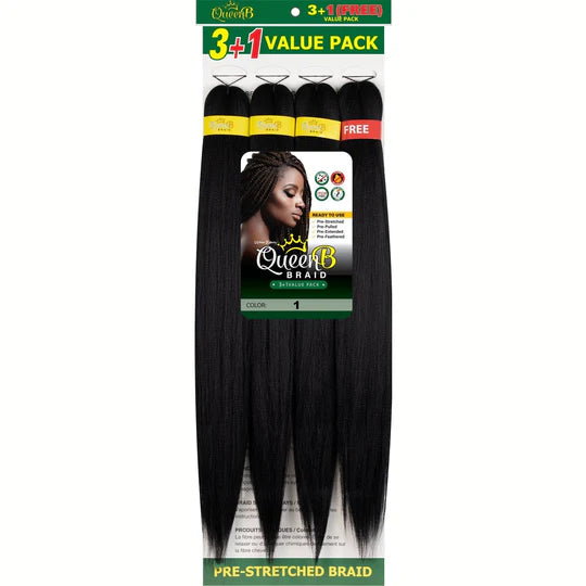Queen B Pre-Stretched Braiding Hair – 3+1 Value Pack | Lightweight Remy Texture Braiding Hair