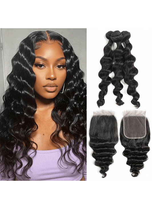 3 Bundle Loose Wave Set w/ Closure featuring natural loose wave texture and elegant style.