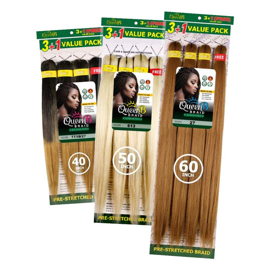 Queen B Pre-Stretched Braiding Hair – 3+1 Value Pack | Lightweight Remy Texture Braiding Hair